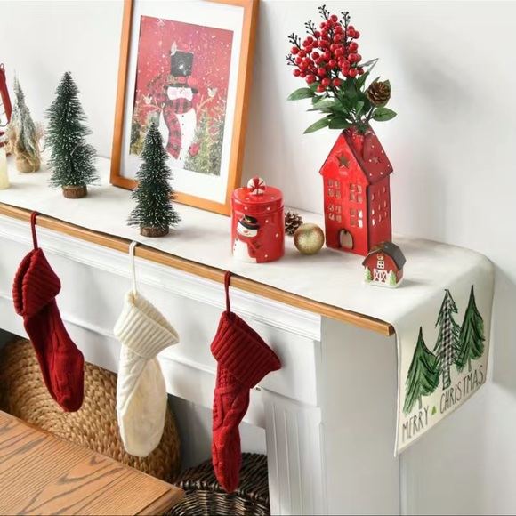 1Pc Merry Christmas Trees and Buffalo Plaid Tree Table Runner White Background - Picture 3 of 4